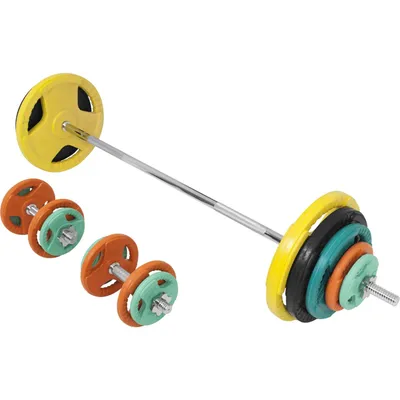 Produktbild von GORILLA SPORTS® Hantelset 100 kg - 6x1,25kg, 6x2,5kg, 2x5kg, 2x10kg, 2x15kg, Langhantelstange 170 cm, 30 mm, Gusseisen gummiert, mit 6 Sternverschlüssen - Langhantel Set