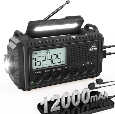 Immagine prodotto di Radio di emergenza multifunzione Unyqoos® con power bank da 12.000 mAh, alimentazione solare e USB-C, manovella, AM/FM/SW, allarme SOS, torcia LED da 70 metri, grado di protezione IPX6, portatile