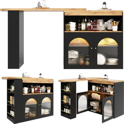 Zdjęcie produktu dla Nowoczesny stół – stół barowy/bistro – rozkładany, z oświetleniem, drewniany, zajmujący mało miejsca, do jadalni/baru – czarny