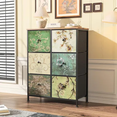 Image de Commode avec 6 tiroirs en tissu, structure en métal, plateau en bois, style bohème vintage rétro