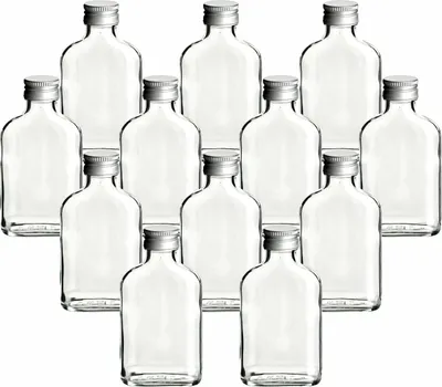 Produktbild von gouveo 12er Set Glasflaschen 200 ml Flachmann mit Schraubverschluss silberfarben - Kleine Flasche 0,2 l zum Befüllen - Leere Schnapsflaschen für Likör, Whisky, Gin, Brandy, Cognac