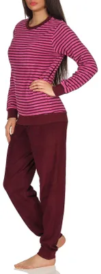 Produktbild von Lässiger Damen Frottee Pyjama langarm mit Bündchen in Streifenoptik - 291 201 13 776 ; pink , 44/46