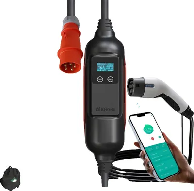 Immagine prodotto di Caricabatterie portatile per veicoli elettrici, potenza 11 kW, corrente regolabile 6A-16A, adattatore 11KW e 16A, TYPE2