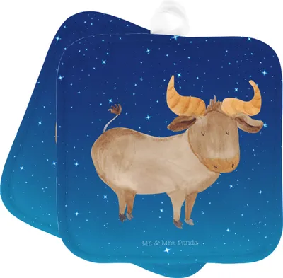 Produktbild von Mr. & Mrs. Panda Topfuntersetzer Sternzeichen Stier - Sternenhimmel Blau - Geschenk, Geburtstag Mai, Rind, Topflappen Set, Ofenlappen, April, topfhalter, Kochlappen