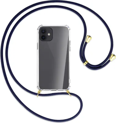 Produktbild von Handykette Backcover-Schutzhülle mit Band (Metall goldfarben) für Apple iPhone 12, 12 Pro - dunkelblau
