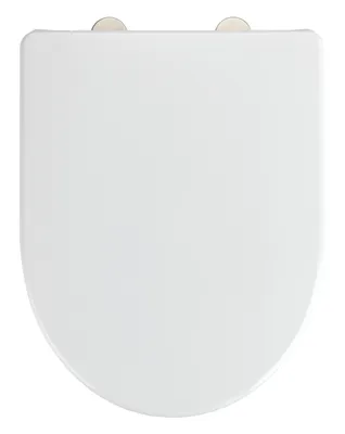 A top-down view of a white toilet seat with two silver hinges at the top.