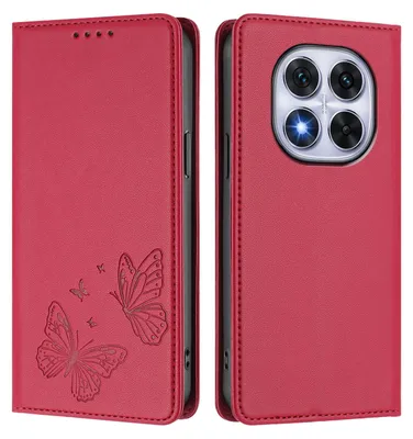 Obrázek produktu pro Kožené pouzdro pro Xiaomi Poco X7/Redmi Note 14 Pro 5G/14 Pro+ 5G, motýlí ražbou, peněženkové flip pouzdro se stojánkem Červená