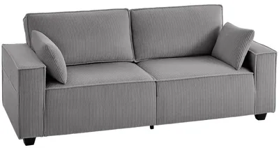 Produktbild von 218 cm 3-Sitzer Sofa, modernes Cord-Sofa mit Taschenfeder-Polsterung, breiten Armlehnen und 2 Kissen, hellgrau
