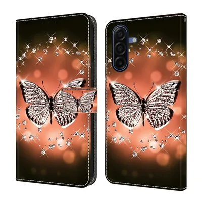 Produktbild von CLM-Tech Handyhülle kompatibel mit Samsung Galaxy A27 5G Hülle - Tasche aus Kunstleder - Klapphülle mit Ständer und Kartenfächern - Schutzhülle Wallet Case Cover Schmetterling Diamanten Muster