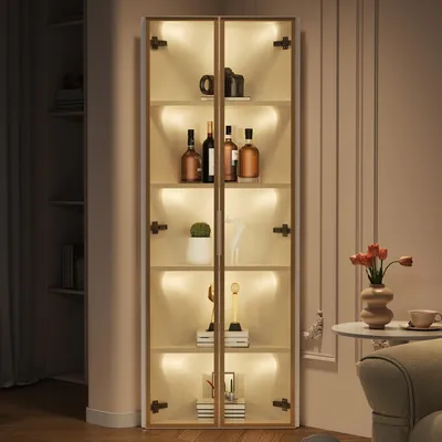 Productafbeelding van LED-glazen vitrine, 62x35x160 cm, met geïntegreerde verlichting, stofdicht, hoekvitrine, boekenkast, wijnkast (wit)