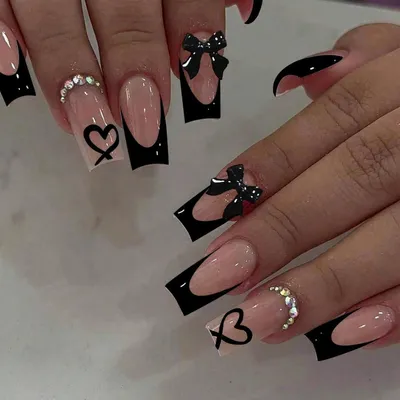 Image de Autocollants pour ongles français, décorés, 24 pièces, noir, motif nœud, style 7