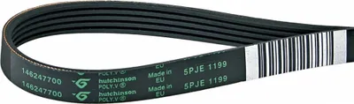 A black Poly-V belt with white and green text and a barcode.