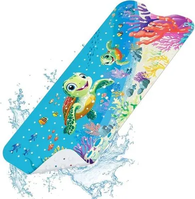 Zdjęcie produktu dla Antypoślizgowa mata do kąpieli dla dzieci Unyqoos® – kolorowy motyw żółwi, 100 x 40 cm, wykonana z PVC wolnego od BPA, z przyssawkami i otworami odpływowymi