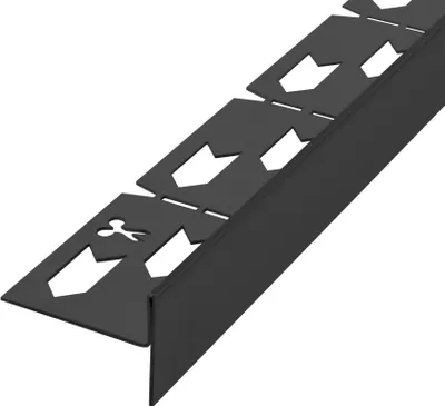 A black corner profile with cut-out arrow shapes and a scissor icon.