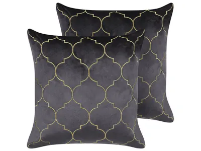 Produktbild von BELIANI Dekokissen 2er Set Grau und Gold Samtbezug mit Füllung Marokkanisches Muster 45 x 45 cm Wohnzimmer Salon Schlafzimmer Modern