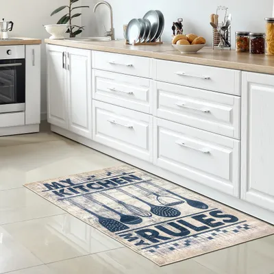 Image de Tapis de cuisine lavable avec ustensiles de cuisine et inscription Taille - 100 x 300 cm