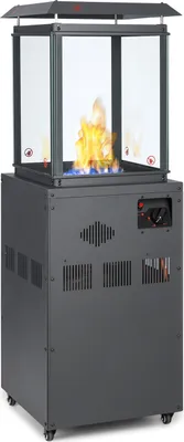 A tall, dark gray outdoor gas heater with a glass enclosure and visible flames.