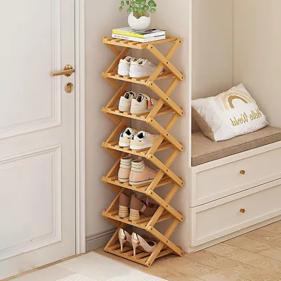 Immagine prodotto di Scaffale per scarpe in bambù, pieghevole, verticale, stretto, con 7 ripiani, ideale per piccoli spazi