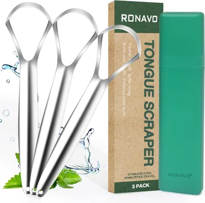 Image de Lot de 3 gratte-langue avec étui de voyage Acier inoxydable Brosse à langue adulte