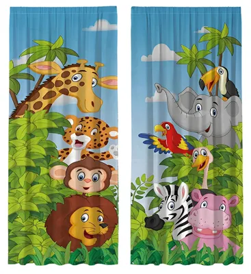 Two curtains with cartoon safari animals and jungle foliage against a blue sky background.