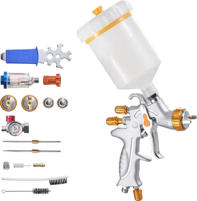 Produktbild von HVLP Lackierpistole, Spritzpistole mit Schwerkraftzufuhr & 3 Düsen (1,3/1,4/1,7 mm), 600 ml Fassungsvermögen, Sprühpistole mit Luftregler für Autogrundierungen, Klarlacke & Decklacke