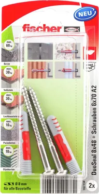 Obrázok produktu pre Fischer DuoSeal, Súprava skrutiek a hmoždiniek, pórobetón, Tehla, Betón, Sadrovláknitá doska, Sadrokartón, Nerezová oceľ, Torx, TX30, 6 mm