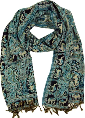 Produktbild von Indischer Pashmina Schal, Schultertuch, Boho Stola mit Paisley Muster - Türkis, Uni, Blau, Viskose, 200*70 cm, Schals