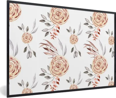 Produktbild von MuchoWow® Gerahmtes Poster Rosen - Gold - Braun - Weiß 90x60 cm - Poster mit Schwarzem Bilderrahmen Wandposter Rahmen Foto Bilder - Fotorahmen - Foto-Plakat