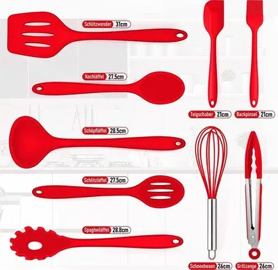 Image de Set d'ustensiles de cuisine en silicone, 9 pièces - Résistant à la chaleur - Revêtement antiadhésif - Rouge - Accessoires de cuisine - Rôtir et cuire