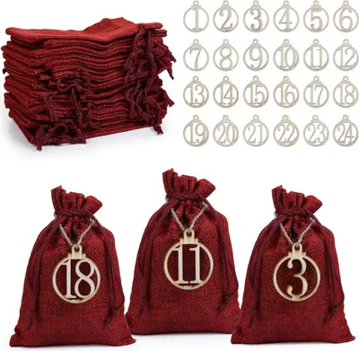 Produktbild von LIHAO Adventskalender Jutesäckchen Rot Weihnachten Geschenksäckchen 24 Stück Zahlen Holz Deko 10x15cm