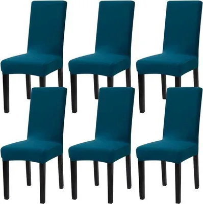 Imagen del producto de Fundas elásticas para sillas Unyqoos® de poliéster, juego de 6 unidades, lavables y desmontables, con goma elástica, color azul, aptas para una altura de respaldo de 48-62 cm y un ancho de asiento de 38-48 cm
