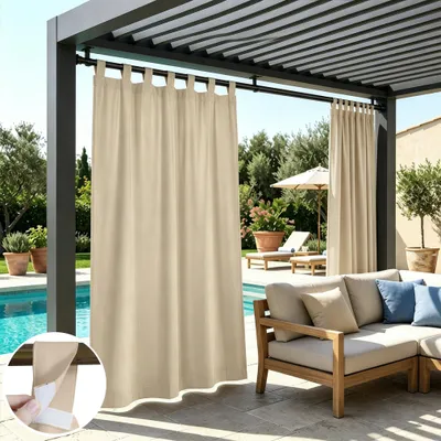 Produktbild von 2er Set Vorhang Outdoor Wasserdicht Blickdicht Schlaufen Abnehmbar Verdunkelungsvorhänge Thermovorhänge Terrasse Balkon Garten Hof, 132x241cm, Beige