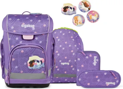 A collection of purple school supplies with a pony theme, including a backpack, pencil case, and decorative patches.