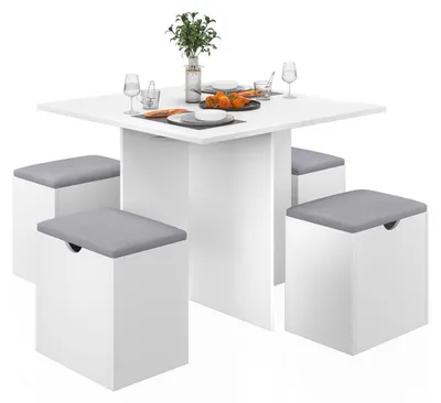 Produktbild von Essgruppe Esstisch mit 4 Hockern Stauraum Weiß Grau 80x80x75 cm