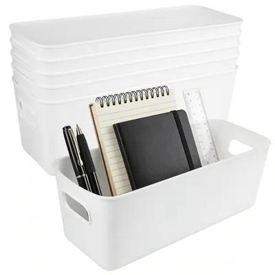 6 Aufbewahrungsboxen, Kunststoff, 26,5x10x10 cm, weiß, mit Griffen