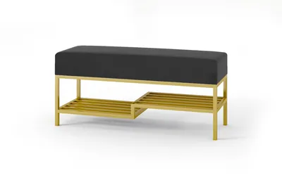 A black upholstered bench with a gold metal frame and two slatted shelves underneath, presented on a white background.