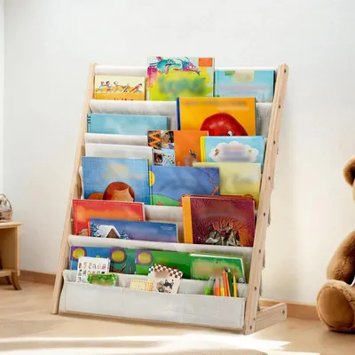 Produktbild von Kinder Bücherregal - Holz Bücherständer - 7 Ebenen - Stofftaschen - Freistehend - Für Kinderzimmer und Kindergarten - Weiß