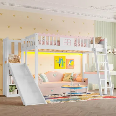 A child's bedroom featuring a white loft bed with a slide, a pink sofa, and colorful decor.