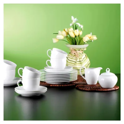 Produktbild von Milchkaffeetassen mit Untertassen 6er Set, 350 ml, Klassisches Cappuccino-Set für 6 Personen, Spülmaschinen- und Mikrowellenfest, Porzellan, Weiß
