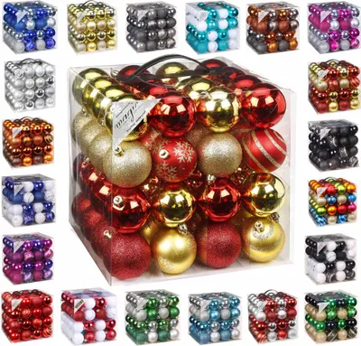 Produktbild von 64x Kunststoff Christbaumkugeln Ø 6cm Kugel Box Glanz Glitzer Matt + Aufhänger Red-Gold-Mix