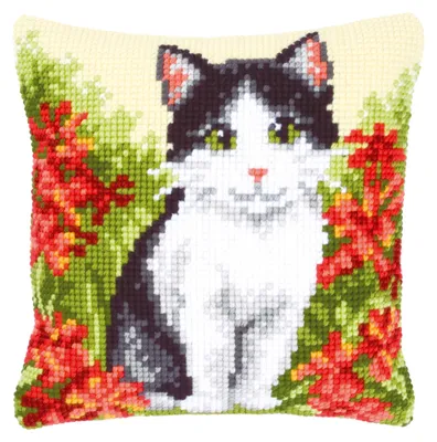 Produktbild von Vervaco Kreuzstichkissen "Katze in Blumenfeld", Stickbild vorgezeichnet