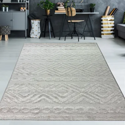 Produktbild von Wohnzimmerteppich im Boho-Stil mit Rautenmuster und Kreisen in Beige Größe - 240 x 340 cm
