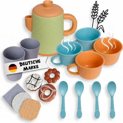Produktbild von Kinder Kaffeeservice 17-teilig - Nachhaltiges Spielzeug-Set aus Weizenstroh-Kunststoff für Kinderküche und Rollenspiele ab 3 Jahre