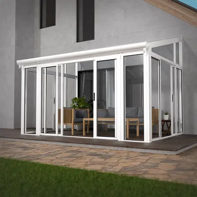Produktbild von Juskys Wintergarten 12 m² - mit kristallklaren Wänden, Doppel-Schiebetüren & UV-Schutz – wasserdicht & winterfeste Überdachung aus Aluminium - Weiß