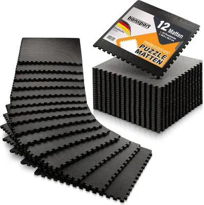 Produktbild von 12 Stück Bodenschutzmatten Fitness Puzzle-Set – EVA Sportmatten 40 × 40 cm, Fitnessmatte für Home Gym, Unterlegmatte für Laufband, Hantelbank & Fitnessgeräte, Rutschfest, 1 cm Stärke