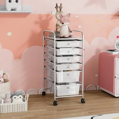 Produktbild von 6 Schubladen Aufbewahrungswagen, Aufbewahrungsturm, Büro, auf Rollen, abschliessbar, mit Metallrahmen, ideal für Büro, Wohnzimmer, Schlafzimmer (transparent)