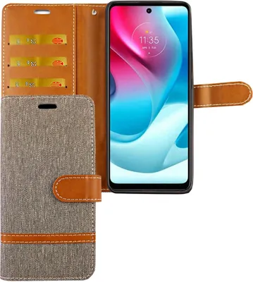 Immagine prodotto di Custodia protettiva per smartphone Motorola Moto G60S, tipo flip-case con scomparto per carte, colore: jeans grigio