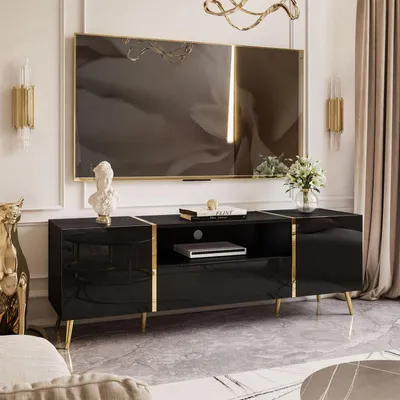 Produktbild von TV-Schrank ONYX auf goldenen Beinen Hochglanz 158 cm Schwarz/ Schwarz Hochglanz Push-Open System