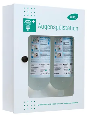 Produktbild von WERO Augenspülstation QuickCheck, gefüllt mit 2 WERO Augenspülflaschen P8 1000 ml