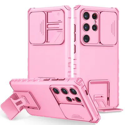 Produktbild von Galaxy S24 Ultra Hülle, Dual Layer Ständer Schutzhülle mit Schiebe Kamera Schutz für Samsung Galaxy S24 Ultra Pink